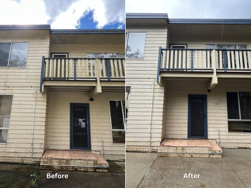 A side-by-side before and after comparison of a two-storey apartment exterior.