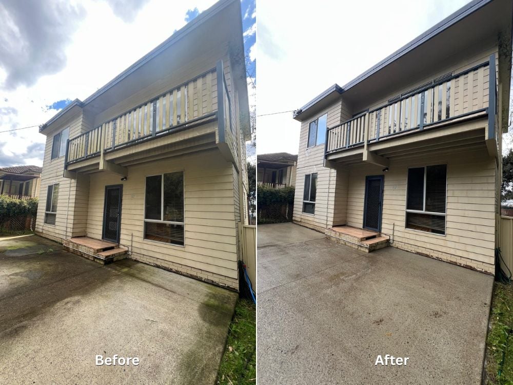 A comparison of a two-storey residential building, showing a dirty concrete driveway and weather-stained siding on the left, and a cleanly pressure-washed exterior on the right.