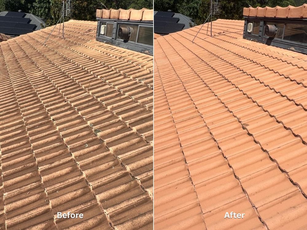 A side-by-side before and after comparison of a terracotta tiled roof