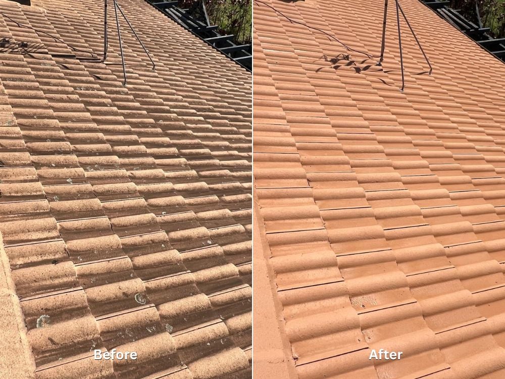 A side-by-side before and after comparison of a terracotta tiled roof