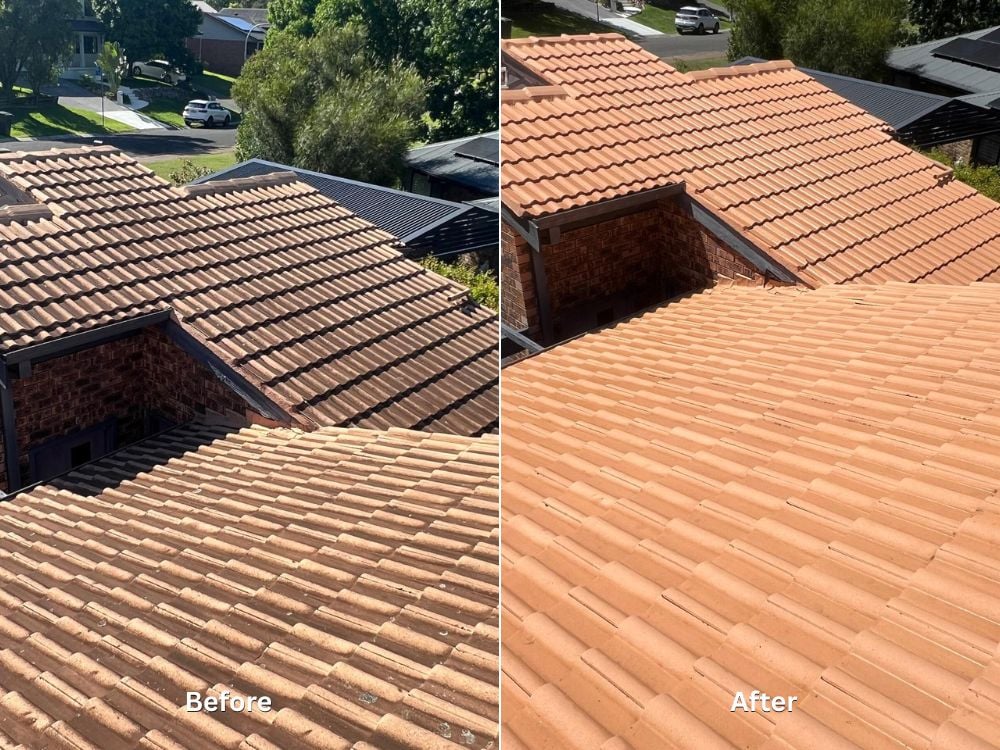 A side-by-side before and after comparison of a terracotta tiled roof