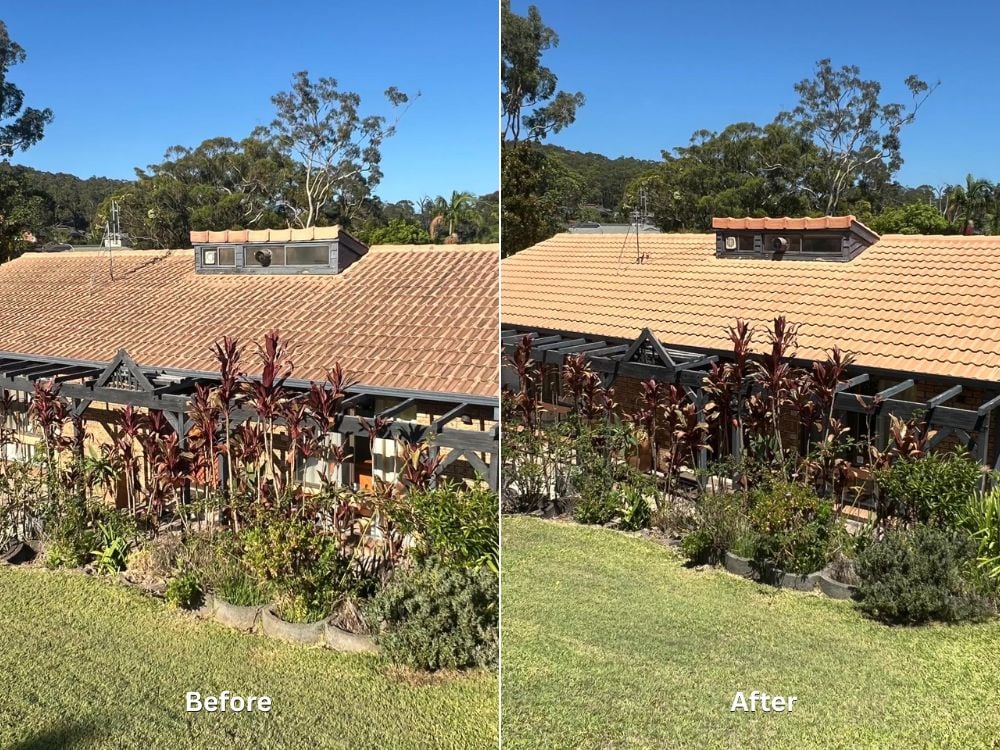 A side-by-side before and after comparison of a terracotta tiled roof