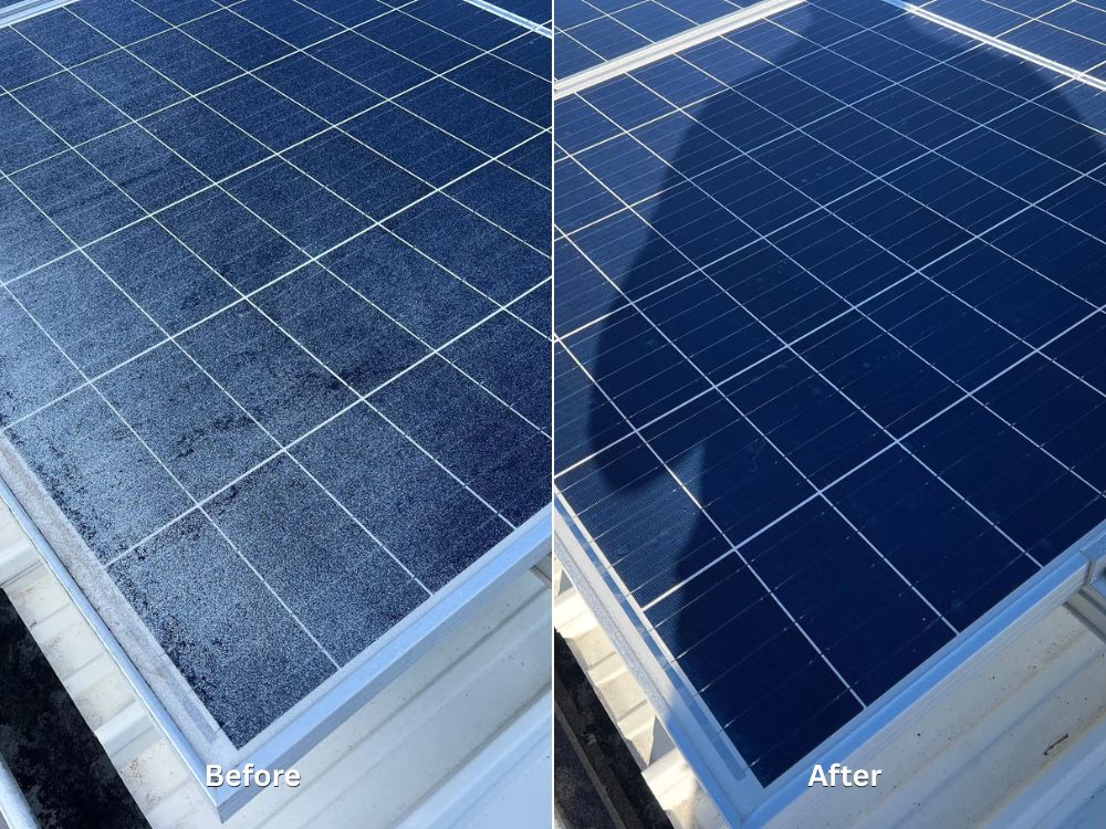 A side-by-side comparison of a solar panel on a light metal roof.