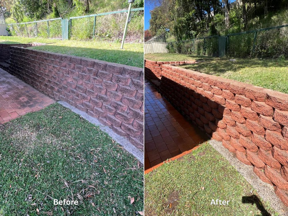A side-by-side before and after comparison of a backyard retaining wall and brick pathway