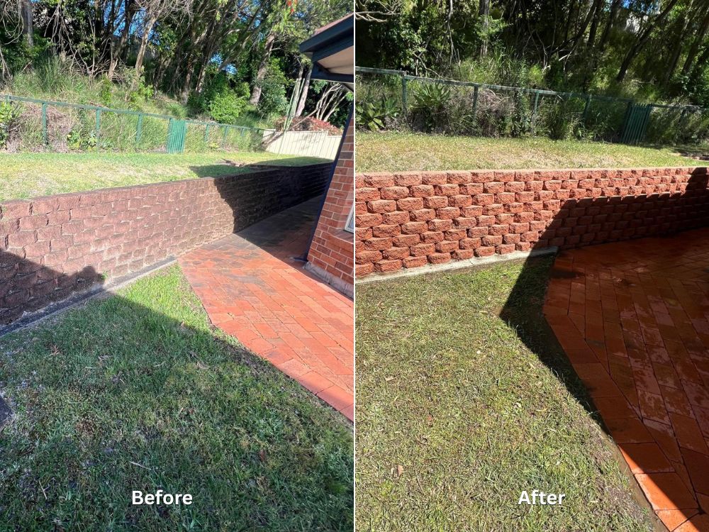 A side-by-side before and after comparison of a backyard retaining wall and brick patio.