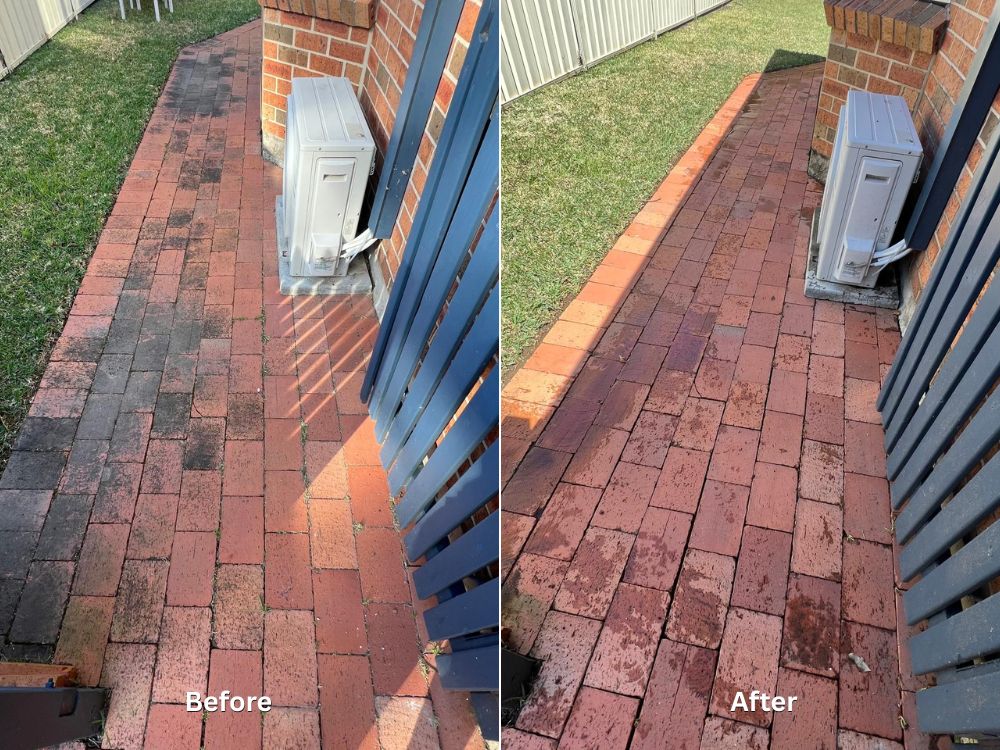 A side-by-side before and after comparison of a narrow red brick pathway next to an air conditioning unit.