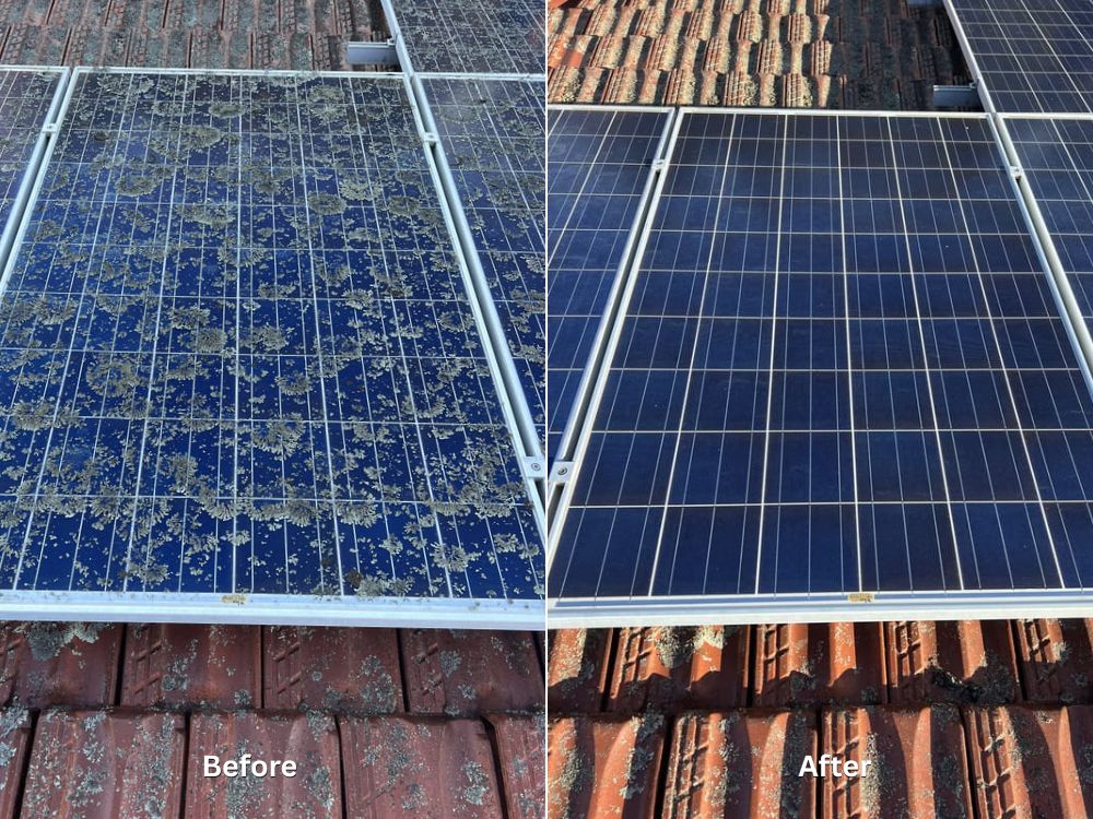 A side-by-side comparison of a roof-mounted solar panel.