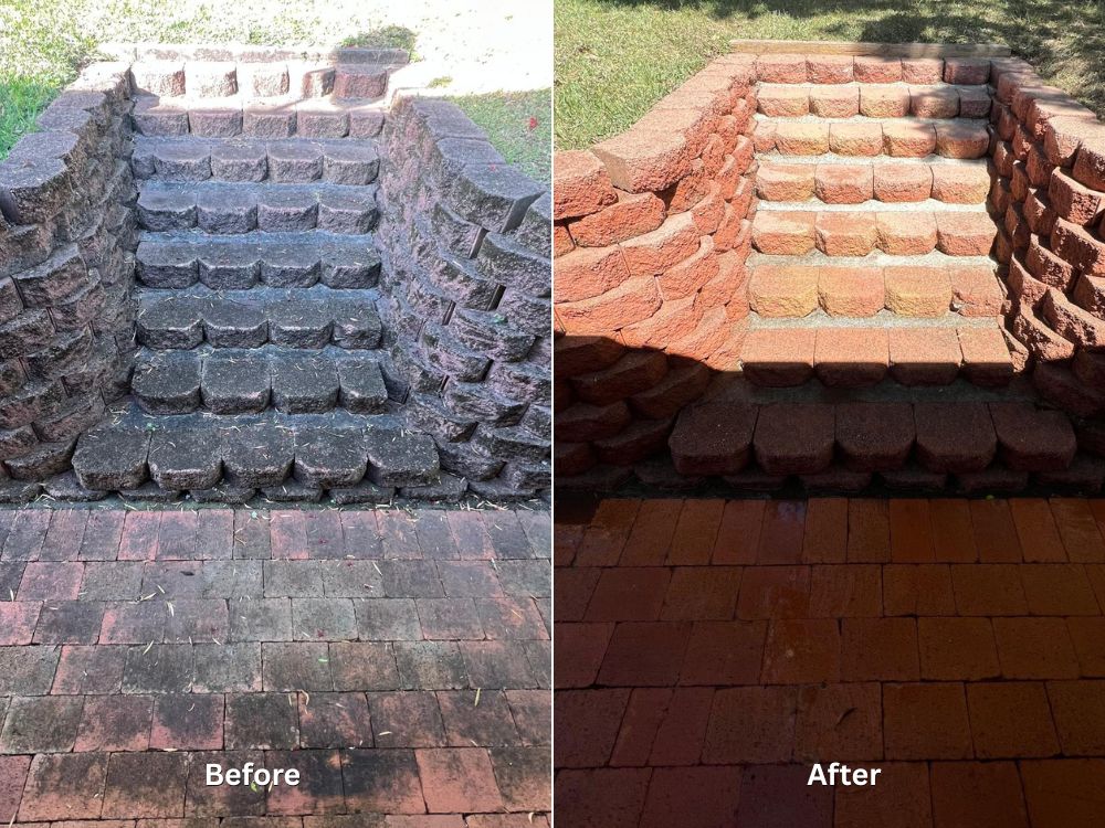 A side-by-side comparison of stone steps and a brick patio.